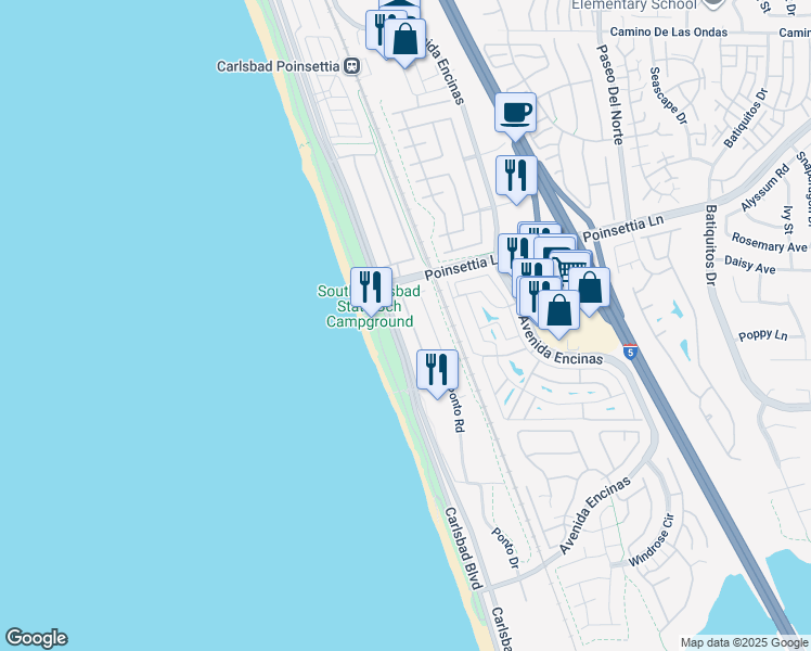 map of restaurants, bars, coffee shops, grocery stores, and more near 7039 Whitewater Street in Carlsbad