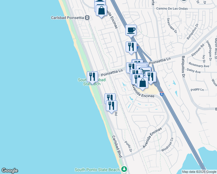 map of restaurants, bars, coffee shops, grocery stores, and more near 7068 Whitewater Street in Carlsbad