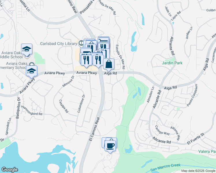 map of restaurants, bars, coffee shops, grocery stores, and more near 1931 Estrella De Mar Court in Carlsbad