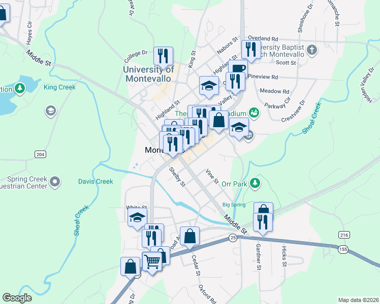 map of restaurants, bars, coffee shops, grocery stores, and more near 746 Main Street in Montevallo