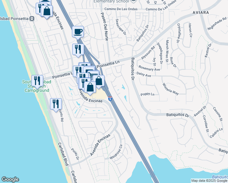 map of restaurants, bars, coffee shops, grocery stores, and more near 7133 Linden Terrace in Carlsbad