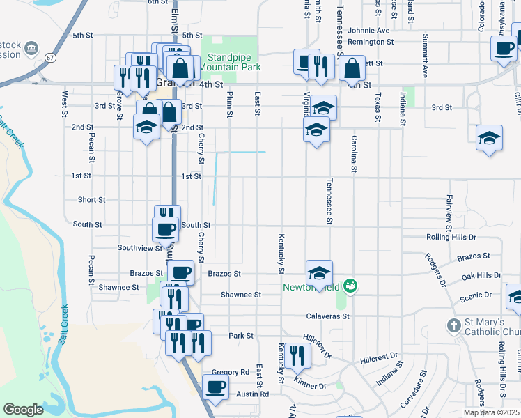 map of restaurants, bars, coffee shops, grocery stores, and more near 821 East Street in Graham