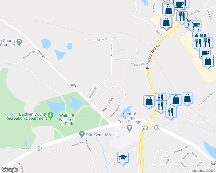 map of restaurants, bars, coffee shops, grocery stores, and more near 147 Meriweather Circle in Milledgeville