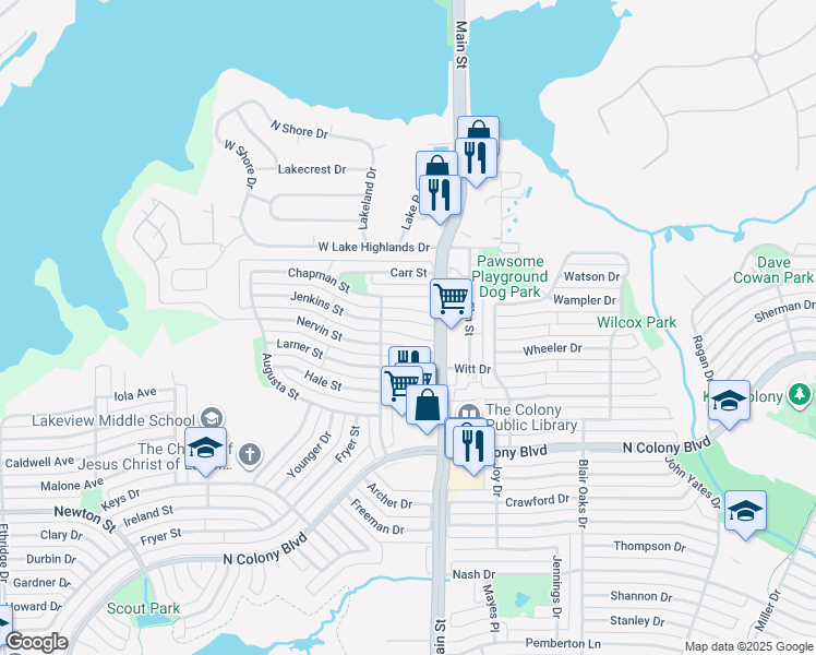 map of restaurants, bars, coffee shops, grocery stores, and more near 4619 Jenkins Circle in The Colony