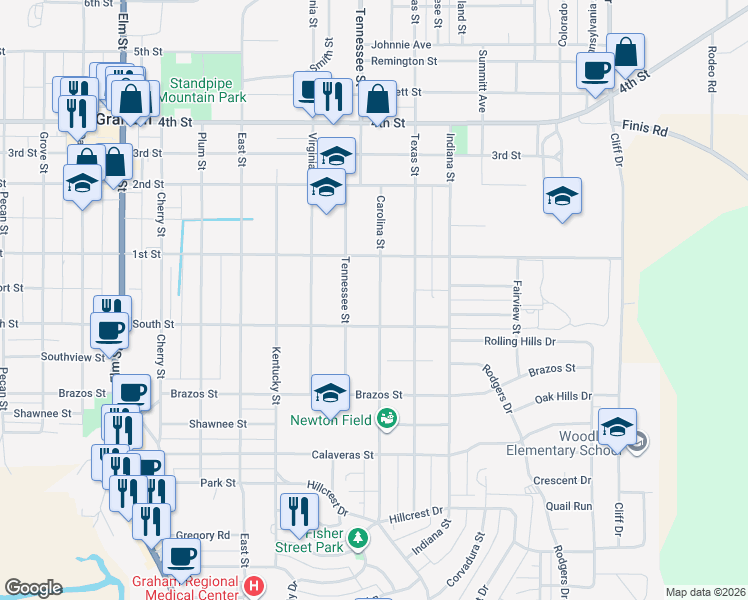 map of restaurants, bars, coffee shops, grocery stores, and more near 820 Carolina Street in Graham