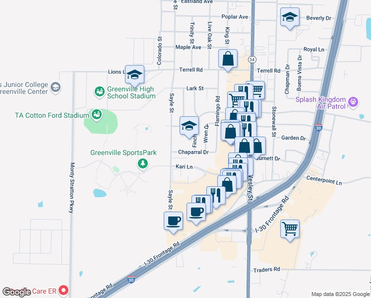 map of restaurants, bars, coffee shops, grocery stores, and more near 3106 Chaparral Drive in Greenville