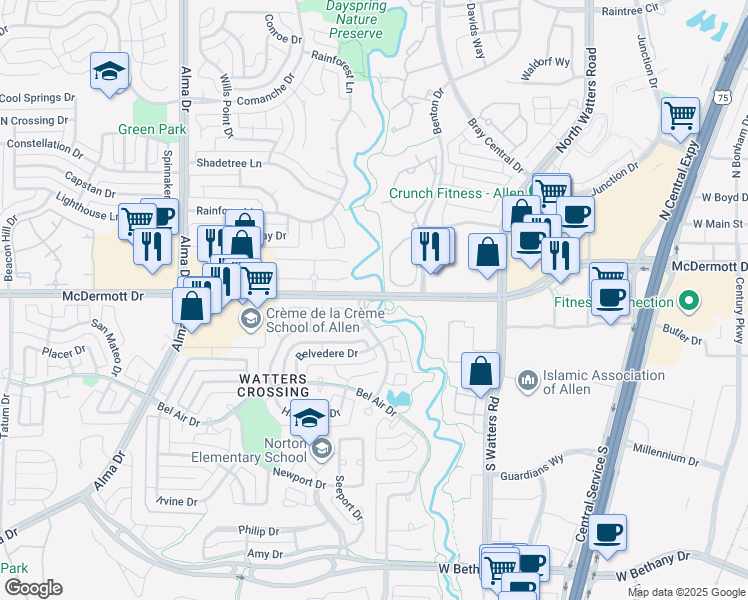 map of restaurants, bars, coffee shops, grocery stores, and more near 1101 West McDermott Drive in Allen