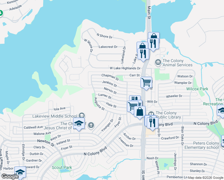 map of restaurants, bars, coffee shops, grocery stores, and more near 4500 Nervin Street in The Colony