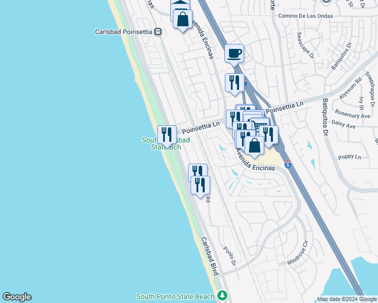 map of restaurants, bars, coffee shops, grocery stores, and more near 7040 Whitewater Street in Carlsbad