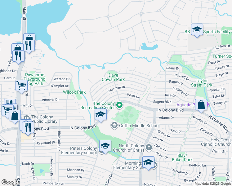 map of restaurants, bars, coffee shops, grocery stores, and more near 5168 Pruitt Drive in The Colony