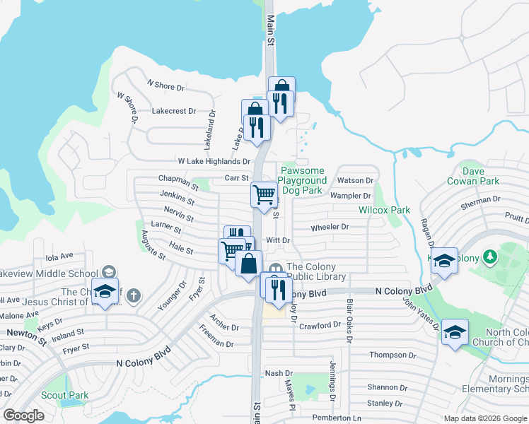 map of restaurants, bars, coffee shops, grocery stores, and more near 7204 Main Street in The Colony