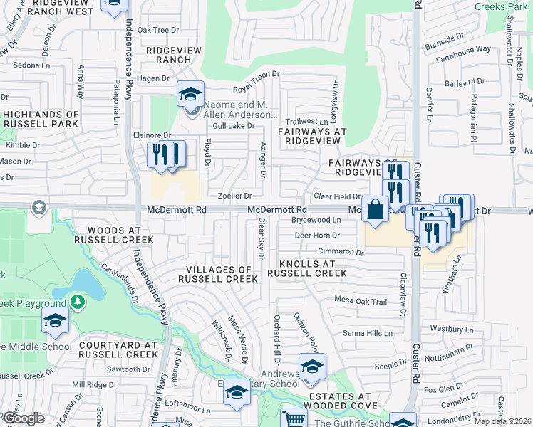 map of restaurants, bars, coffee shops, grocery stores, and more near 8928 Clear Sky Drive in Plano