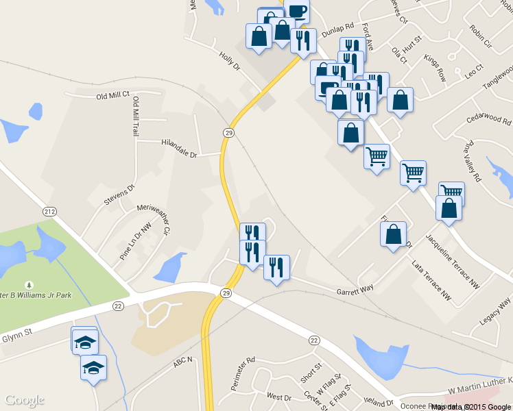 map of restaurants, bars, coffee shops, grocery stores, and more near 184 Robertson Mill Road in Milledgeville