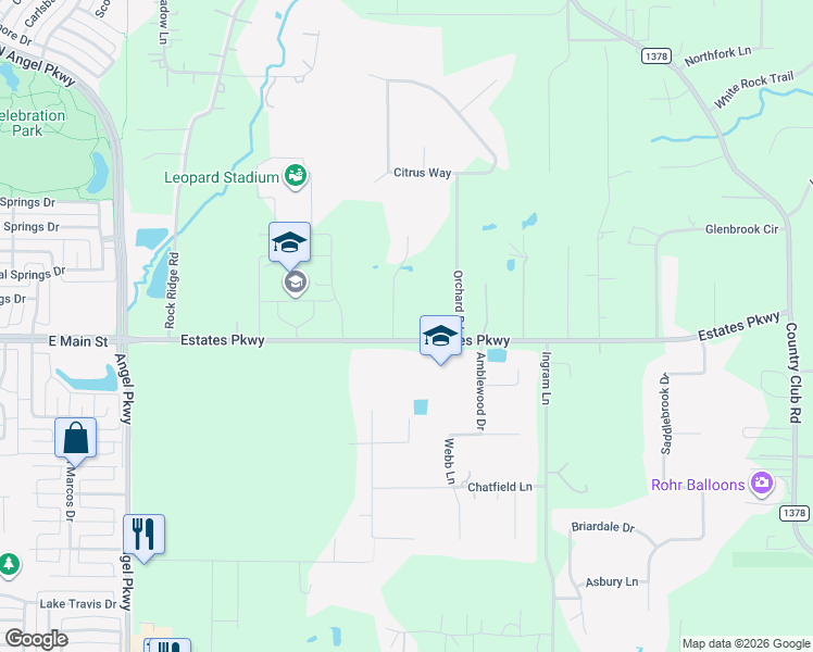 map of restaurants, bars, coffee shops, grocery stores, and more near 2120 Estates Parkway in Allen