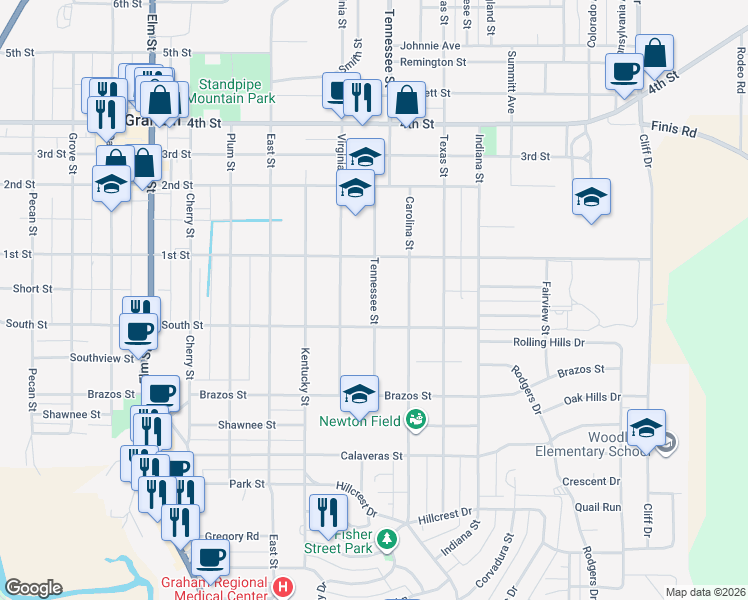 map of restaurants, bars, coffee shops, grocery stores, and more near 826 Tennessee Street in Graham