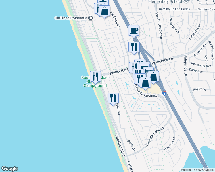 map of restaurants, bars, coffee shops, grocery stores, and more near 7040 Whitewater Street in Carlsbad