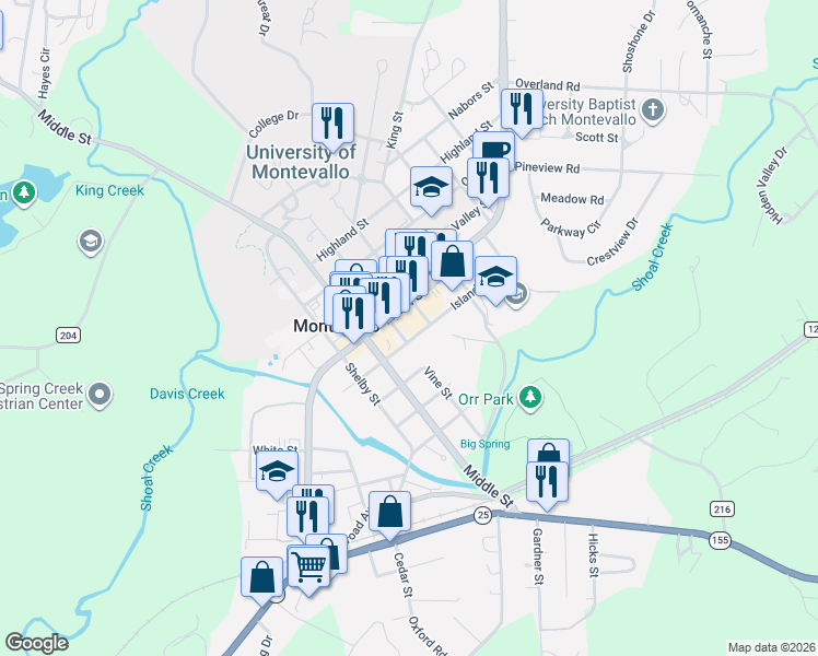 map of restaurants, bars, coffee shops, grocery stores, and more near 746 Main Street in Montevallo