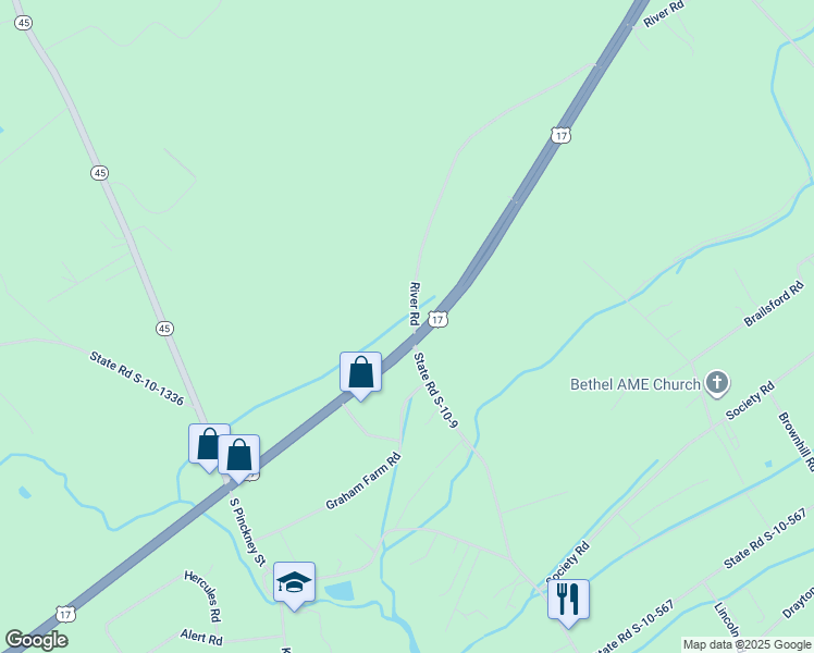 map of restaurants, bars, coffee shops, grocery stores, and more near 10310 U.S. 17 in McClellanville
