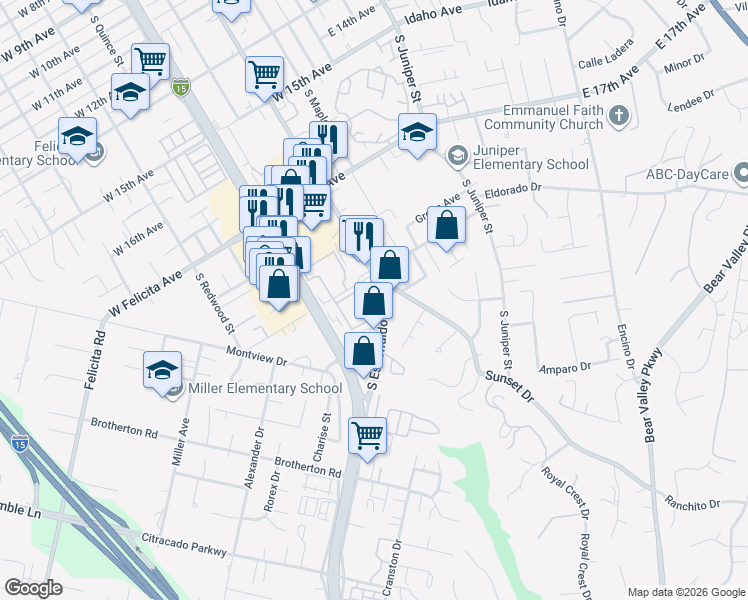 map of restaurants, bars, coffee shops, grocery stores, and more near 301 West Vermont Avenue in Escondido