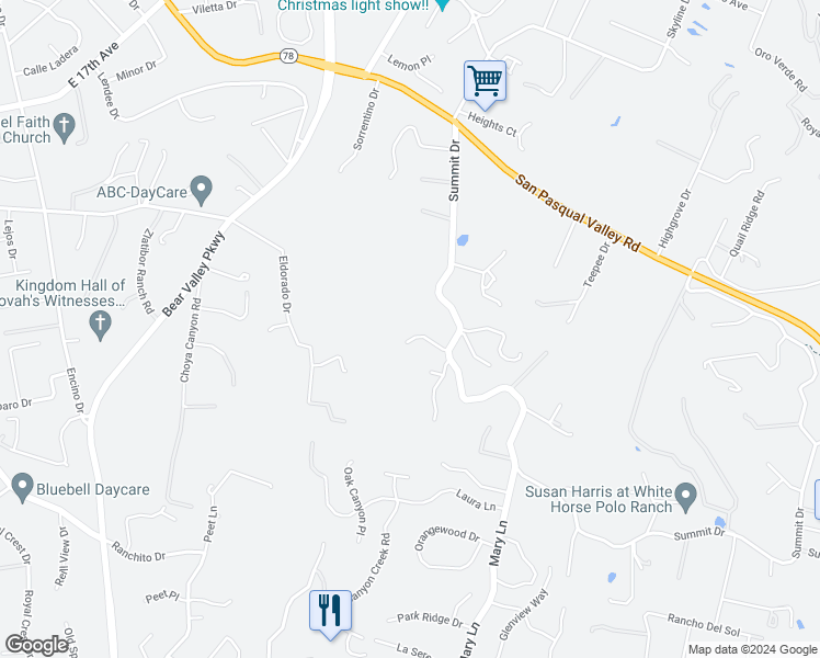 map of restaurants, bars, coffee shops, grocery stores, and more near 1032 Summit Trail in Escondido