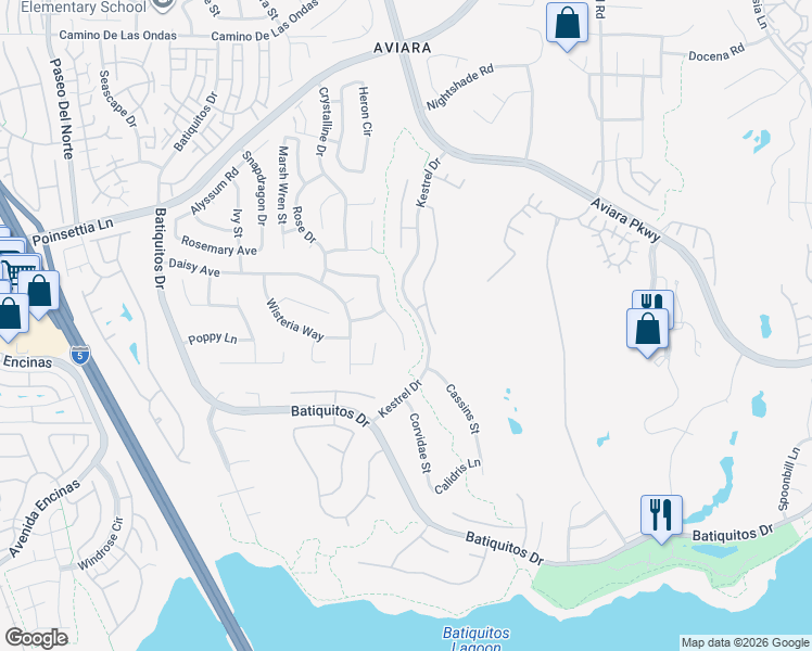 map of restaurants, bars, coffee shops, grocery stores, and more near 7210 Daffodil Place in Carlsbad