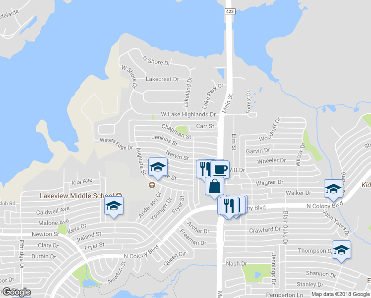 map of restaurants, bars, coffee shops, grocery stores, and more near 4523 Jenkins Street in The Colony