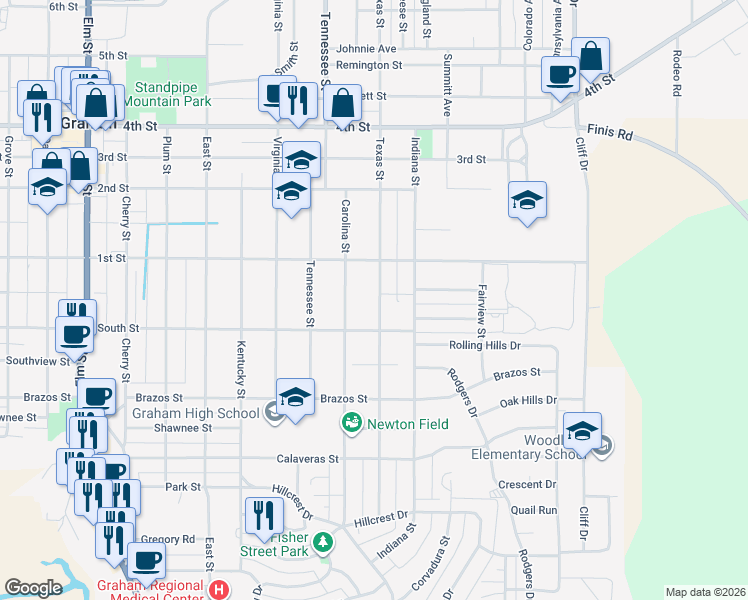 map of restaurants, bars, coffee shops, grocery stores, and more near 818 Texas Street in Graham