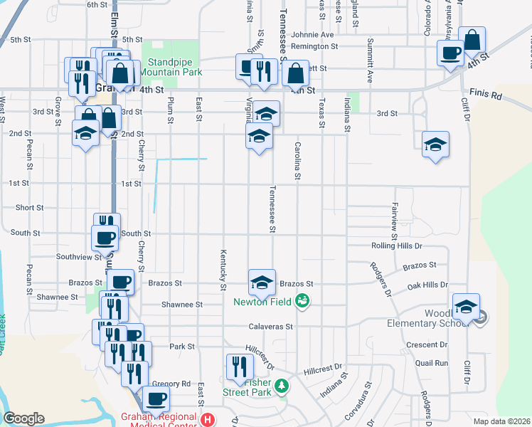 map of restaurants, bars, coffee shops, grocery stores, and more near 826 Tennessee Street in Graham