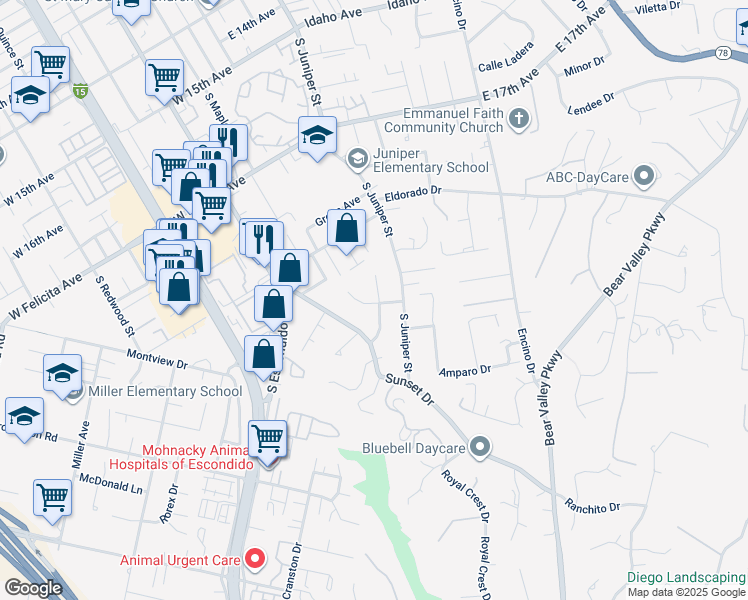 map of restaurants, bars, coffee shops, grocery stores, and more near 2215 South Ava Glen in Escondido