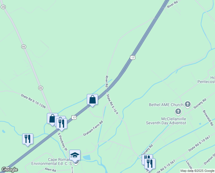 map of restaurants, bars, coffee shops, grocery stores, and more near 10310 U.S. 17 in McClellanville