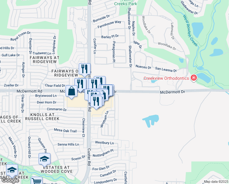 map of restaurants, bars, coffee shops, grocery stores, and more near 1905 West McDermott Drive in Allen