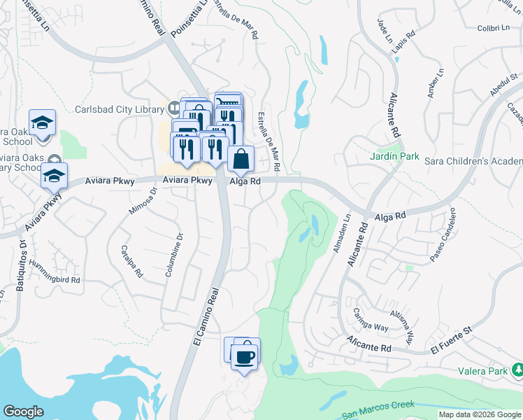 map of restaurants, bars, coffee shops, grocery stores, and more near 7044 Estrella De Mar Road in Carlsbad