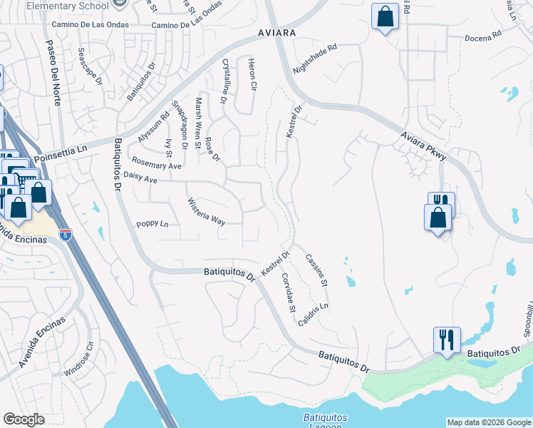 map of restaurants, bars, coffee shops, grocery stores, and more near 7210 Daffodil Place in Carlsbad