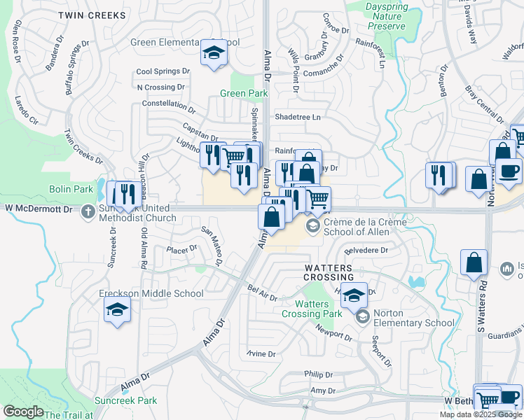map of restaurants, bars, coffee shops, grocery stores, and more near 1301 West McDermott Drive in Allen