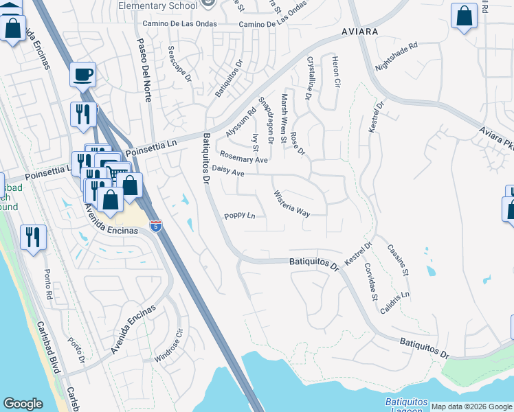 map of restaurants, bars, coffee shops, grocery stores, and more near 7205 Azalea Place in Carlsbad