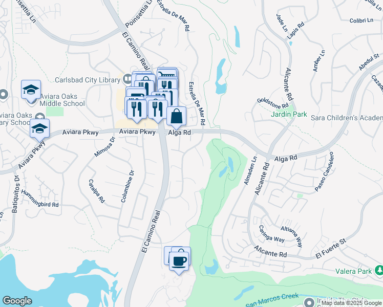 map of restaurants, bars, coffee shops, grocery stores, and more near 7044 Estrella De Mar Road in Carlsbad