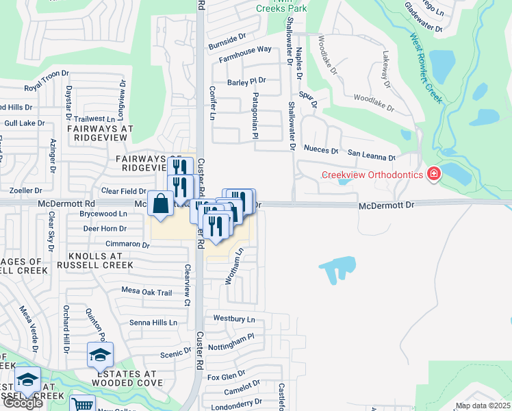 map of restaurants, bars, coffee shops, grocery stores, and more near 1905 West McDermott Drive in Allen