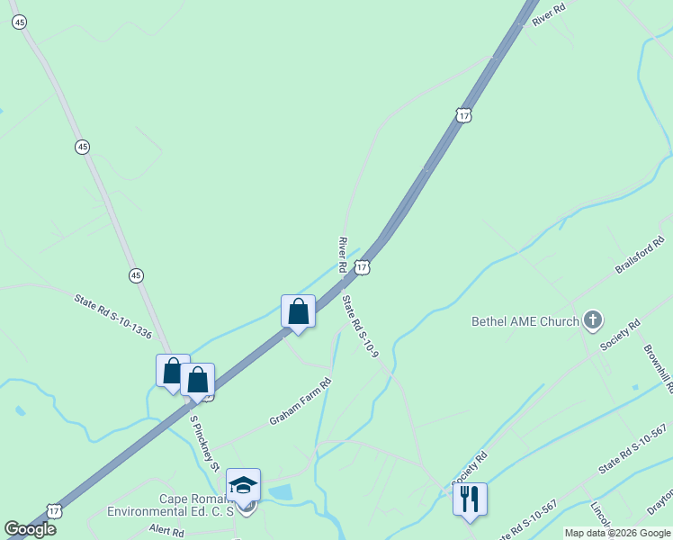 map of restaurants, bars, coffee shops, grocery stores, and more near 10310 U.S. 17 in McClellanville