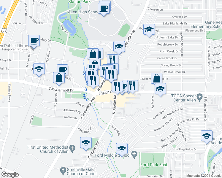 map of restaurants, bars, coffee shops, grocery stores, and more near 102a North Greenville Avenue in Allen