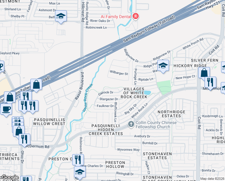 map of restaurants, bars, coffee shops, grocery stores, and more near 4612 Dalrock Drive in Plano