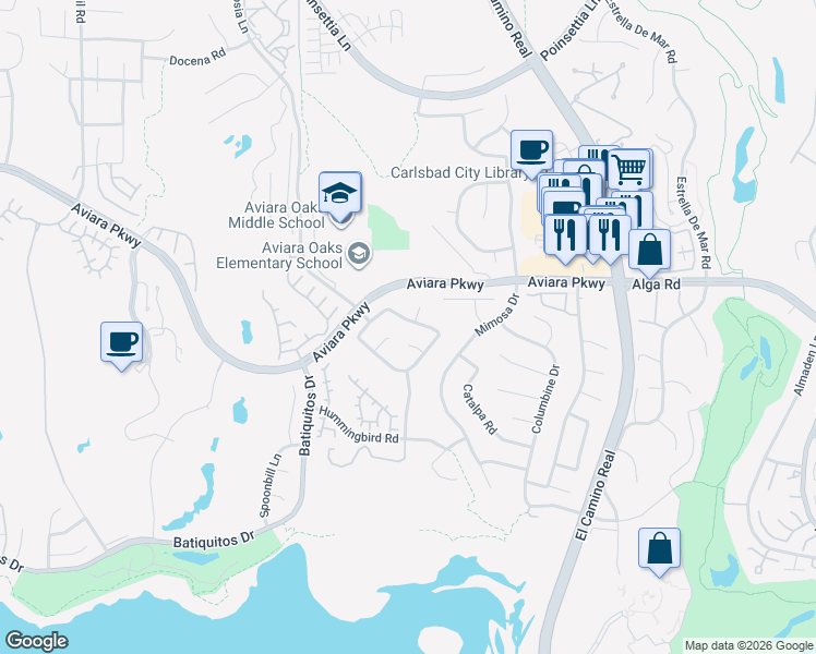 map of restaurants, bars, coffee shops, grocery stores, and more near 1775 Blackbird Circle in Carlsbad