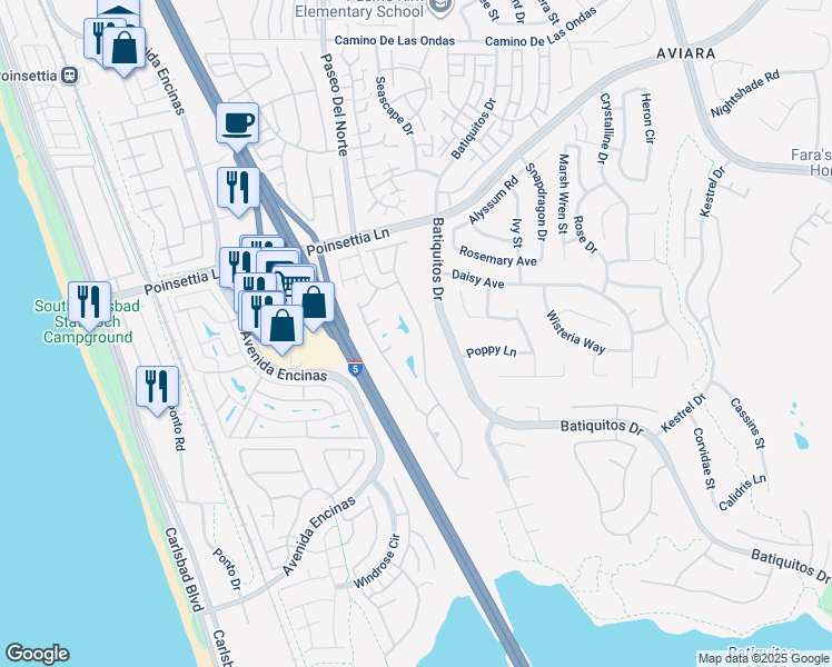 map of restaurants, bars, coffee shops, grocery stores, and more near 7135 Lantana Terrace in Carlsbad