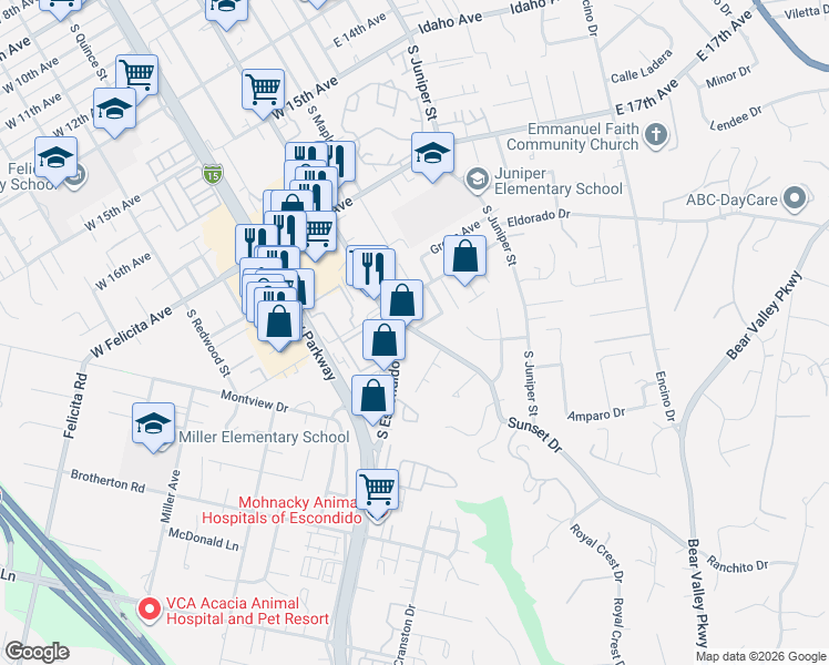 map of restaurants, bars, coffee shops, grocery stores, and more near 1953 Sunset Drive in Escondido