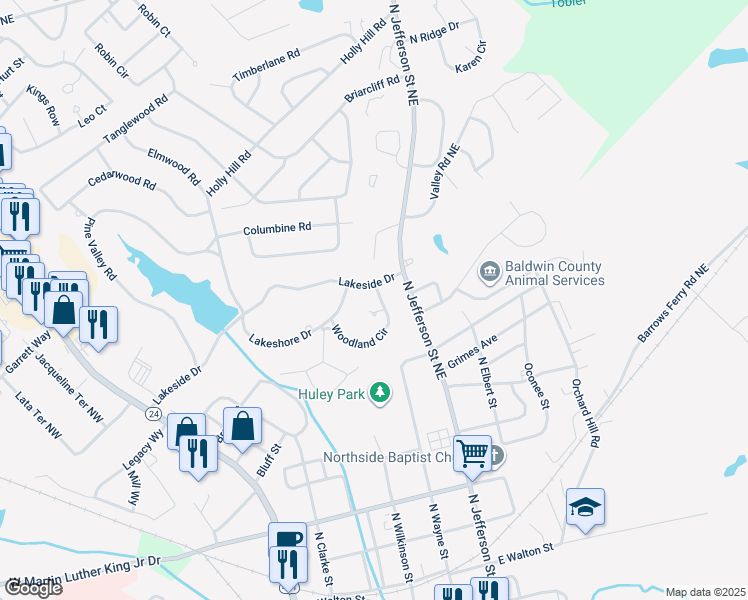 map of restaurants, bars, coffee shops, grocery stores, and more near 121 Woodland Circle in Milledgeville
