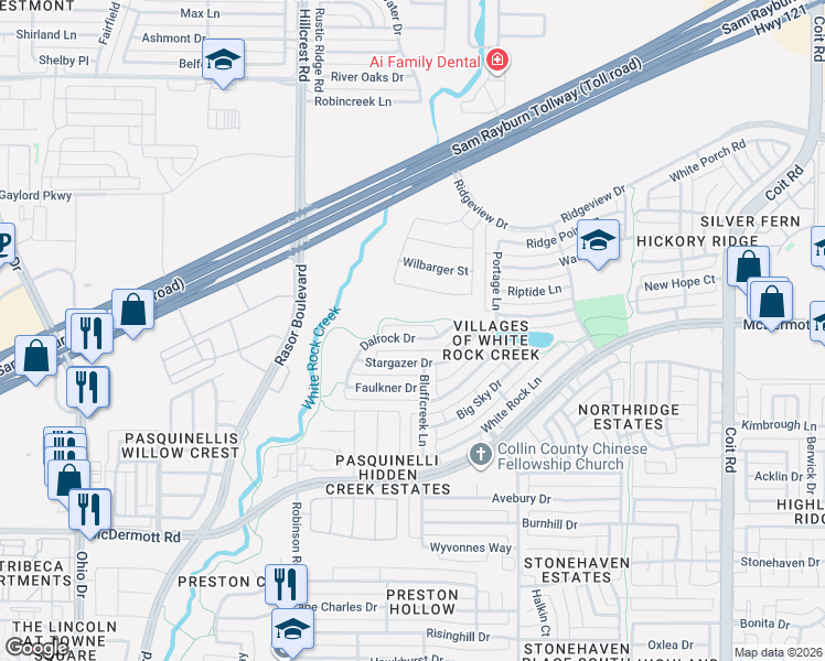 map of restaurants, bars, coffee shops, grocery stores, and more near 4612 Dalrock Drive in Plano