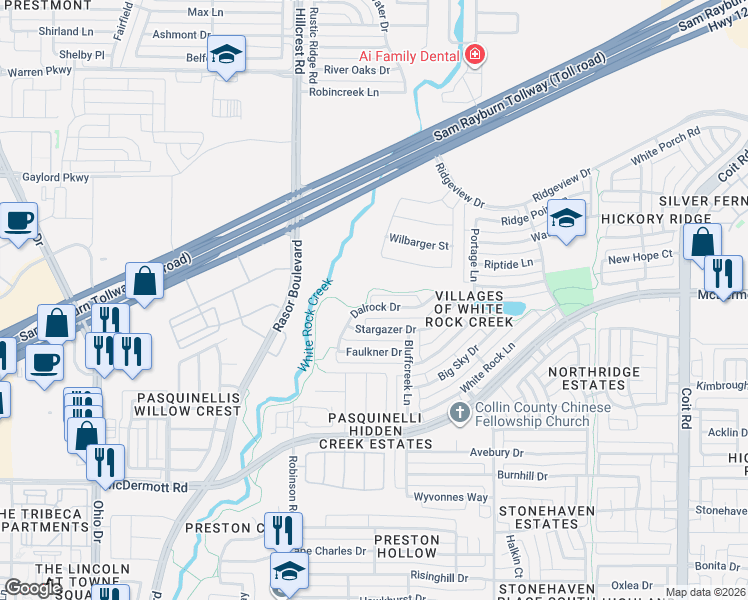 map of restaurants, bars, coffee shops, grocery stores, and more near 4612 Dalrock Drive in Plano