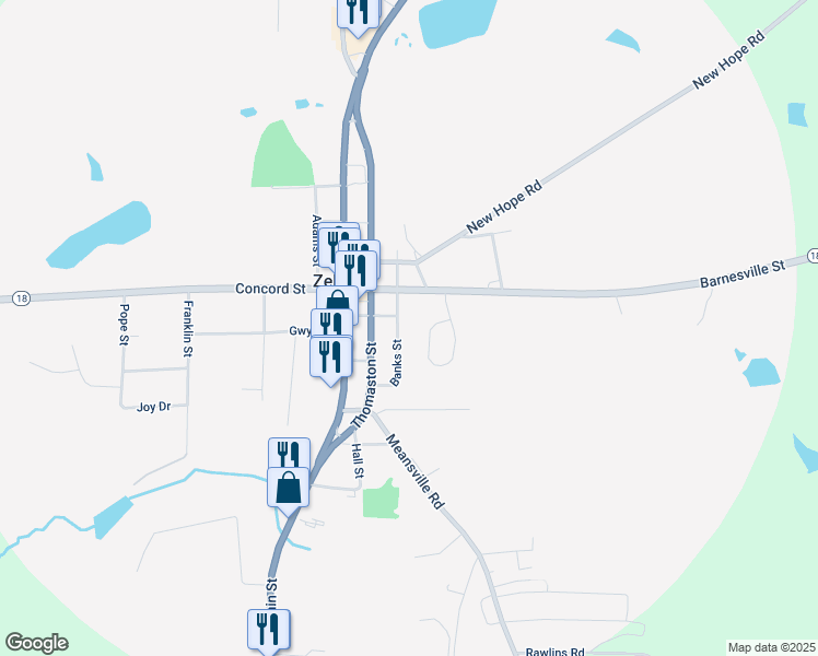 map of restaurants, bars, coffee shops, grocery stores, and more near 150 Banks Street in Zebulon