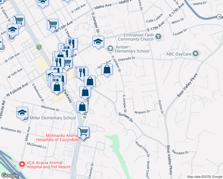map of restaurants, bars, coffee shops, grocery stores, and more near 136 Helen Way in Escondido
