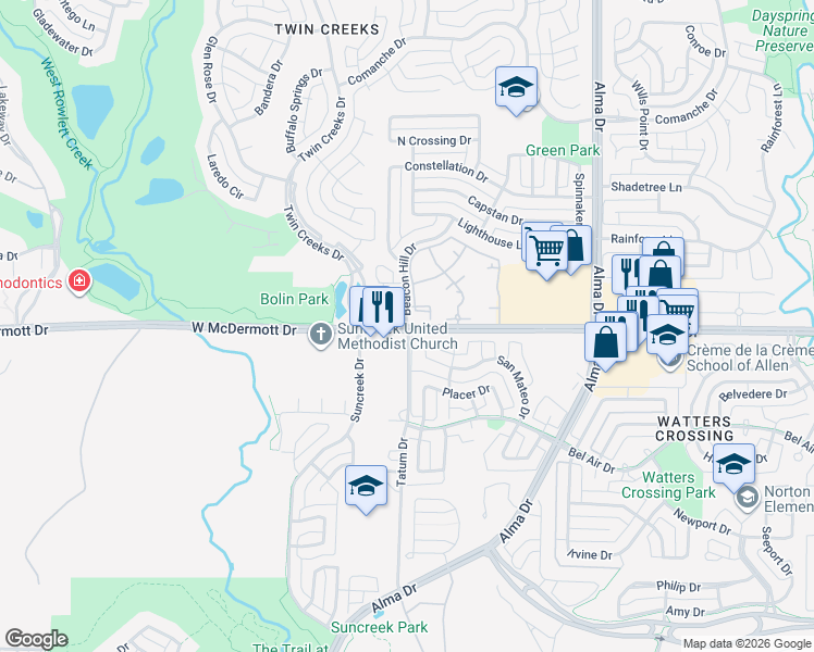 map of restaurants, bars, coffee shops, grocery stores, and more near County Road 141 in Allen