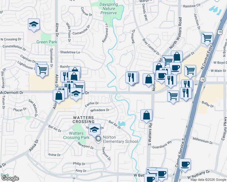 map of restaurants, bars, coffee shops, grocery stores, and more near 966 West McDermott Drive in Allen